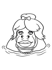 Female woman girl girl pretty neat hair bow hippopotamus thick water swim thick large lake tümpel comic cartoon