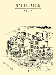 Marsalforn, Gozo island, Malta. Hand drawn touristic vintage postcard or poster template, book illustration