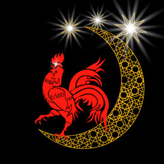 Fototapeta na wymiar Stylized month with stars. 2017 red rooster. Ornament in east style. Symbol. illustration: