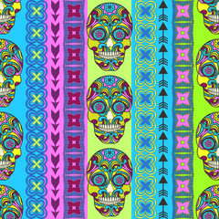 Multicolor seamless pattern. Boho strips decorated skull element. tribal texture