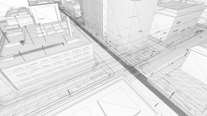 Digital skyscrappers with wireframe texture. Technology and conn