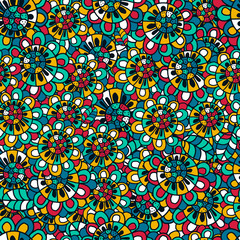 Seamless pattern with doodles elements for design. multicolored flowers, leaves