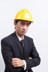 Engineer in black suit on isolated white background