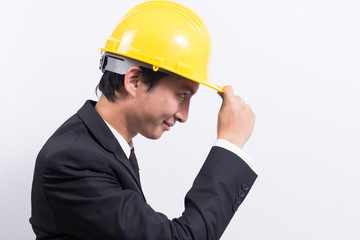 Engineer in black suit on isolated white background