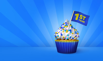 3D Rendering of Cupcake, 1st Year Text on the Flag, Blue Paper Cupcake - obrazy, fototapety, plakaty