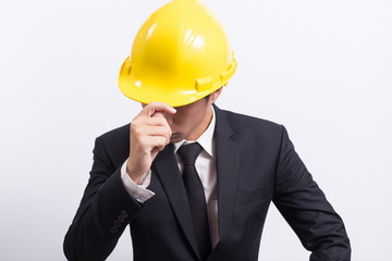 Engineer in black suit on isolated white background