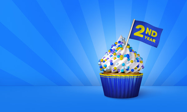 3D Rendering of Cupcake, 2nd Year Text on the Flag, Blue Paper Cupcake