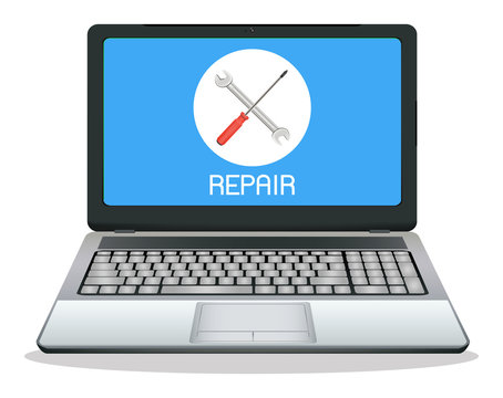 laptop computer with repair logo on screen