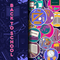 Back To School Banner Set With Flat Icons on Circles. Vector .  Illustration for design. Arts and Science Stickers. Education Concept.