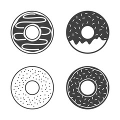 Vector donuts icons set isolated on white background. Yummy cookie donut icon food. Candy decoration donut with topping. Glazed pastry delicious snack, eat candy.