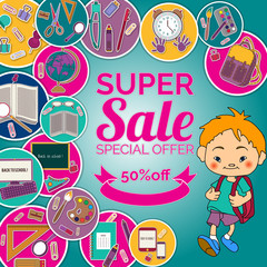 Corporate design. Sale background with school stationery icons. Vector advertising banner template. Shop now. for design