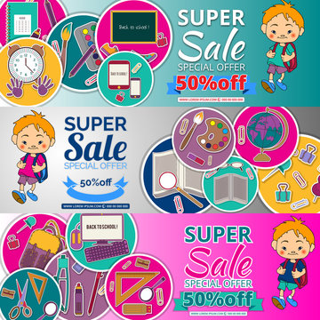 Corporate design. Sale background with school stationery icons. Vector advertising banner template. Shop now. for design