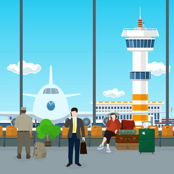 Airport , a Waiting Room with People, View on Airplane and Control Tower through the Window from a Waiting Room , Scoreboard Arrivals at Airport, Travel Concept, Flat Design, Vector Illustration