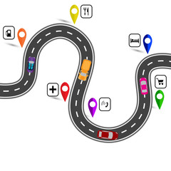 Winding road with signs. The path indicated by the navigator. illustration