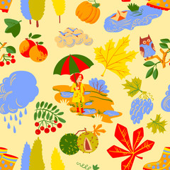  Autumn background design as landscape with girl with umbrella and fall season objects and plants