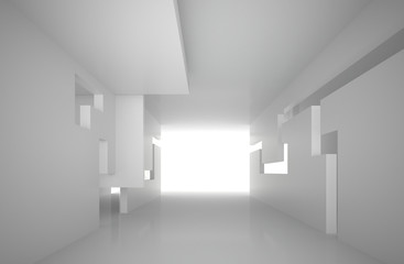 3d illustration. White interior of a non-existent building. The walls of the room with rectangular holes, multilevel ceiling. Light in perspective. Architectural minimal background, render.