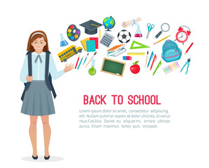 Obraz na płótnie Canvas Teen student girl and school supplies.