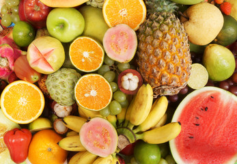 Naklejka na ściany i meble Many fresh fruits mixed, fruits background