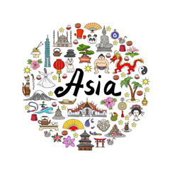 Cute decorative cover with hand drawn colored symbols of Asia on white color