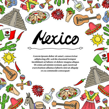 Cute decorative cover with hand drawn colored symbols of Mexico