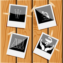 crutches, lab microscope, chemical test tubes, pharma symbol in