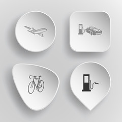 4 images: airliner, car fueling, bicycle, fueling station. Trans