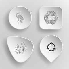 4 images: cat, recycle symbol, trees. Nature set. White concave