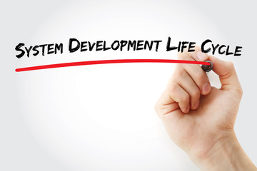Hand writing System Development Life Cycle with marker, concept background