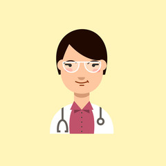 Fototapeta premium Docotor woman icon. Clever happy woman character. Face of young woman in cartoon style. Isolated avatar of smiling doctor.