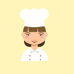 Young  chef woman illustration. Cartoon vector character isolated on yellow background.