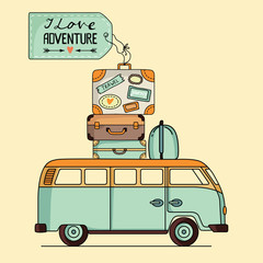 Vector illustration of vintage bus with baggage - 119974784