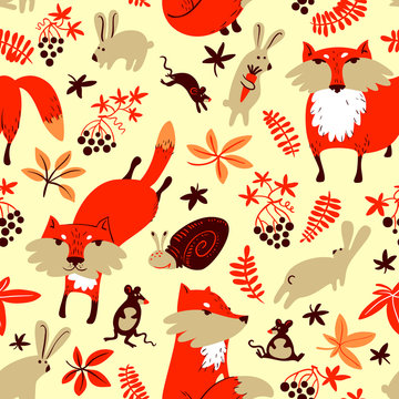 Seamless autumn pattern with woodland animals - foxes, mouses, rats and rabbits