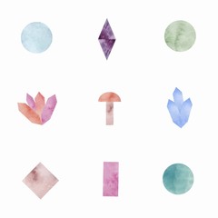 Set of geometric watercolor magic shapes. Crystal, stone, geometry figure, mushroom. Trendy hipster logotypes or template for design. Vector. Isolated. - 119975119