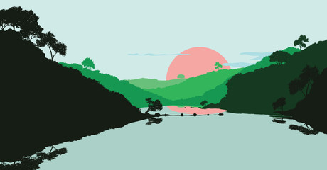 Flat landscape of mountain, lake and forest in green tone. Vector illustration.