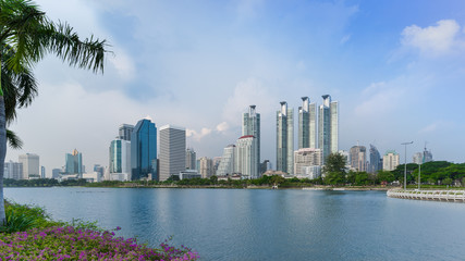Cityscape at Benchakitti park , green lung of Bangkok , Thailand