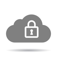 Grey cloud with lock on white background. Concept of internet database security and cloud storage protection.