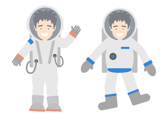 Isolated cosmonauts set on white background. Astronauts in different suits and helmets. Standing and floating. Exploring cosmos. Handsome and smiling man,