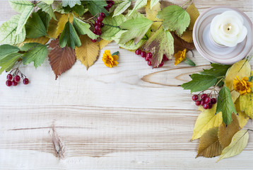 Autumn leaves over wooden background
