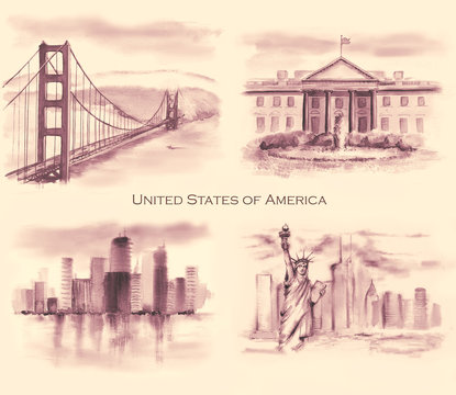 Hand-drawn collection of the watercolor American landscapes. Golden Gate Bridge, White House, Statue of the Liberty and Chicago city landscape. USA drawings in retro style