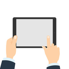 Hand touching tablet. White tablet with blank template screen. Finger touching screen.