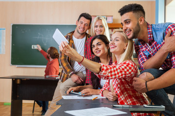 Young Students Group Taking Selfie Photo On Cell Smart Phone, Mix Race People Happy Smiling