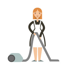 Vector illustration of housewife  with a vacuum cleaner. Smiling  maid with vacuum cleaner. Housekeeping concept.