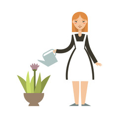 Woman gardening. Happy young woman watering flowers. Woman gardener. Housewife. Vector illustration.