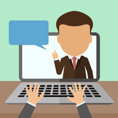 Business webinar consultant. Concept of distant online learning, conference and consultation. Office working.