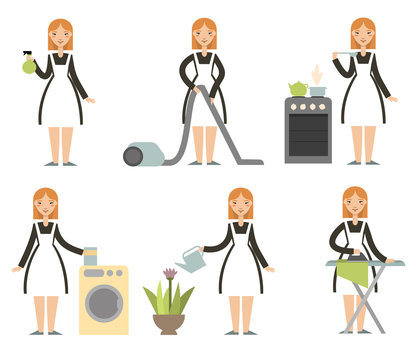 Housewife Set. Cleaning Cartoon Lady. Cartoon Character. Multitasking Housewife. Housekeeper Woman Cleaning, Cooking, Washing, Ironing. Vector.