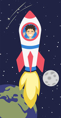 Man flying in rocket in outer space. Earth and moon. Funny smiling man flying inside spaceship. Concept of Exploration and development.
