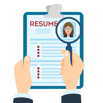 Woman resume with magnifier at the table. Cv resume concept. Finding a worker. Apply for a job. Business opportunity. Cv profile.
