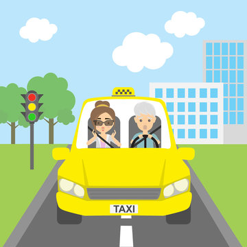 Taxi driver with passenger. Riding on the city street. Yellow car for urban service. Scared into grey hair male driver and female passenger.
