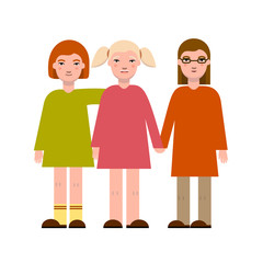Happy children. Three funny girls in dresses. Vector modern illustration. 