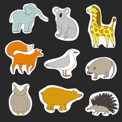 Fototapeta premium Cartoon animals sticker collection. Cute hand drawn illustration made in vector. Funny animals - fox, giraffe, owl, bear, hedhehog, seagull, elephant, koala, seagull.